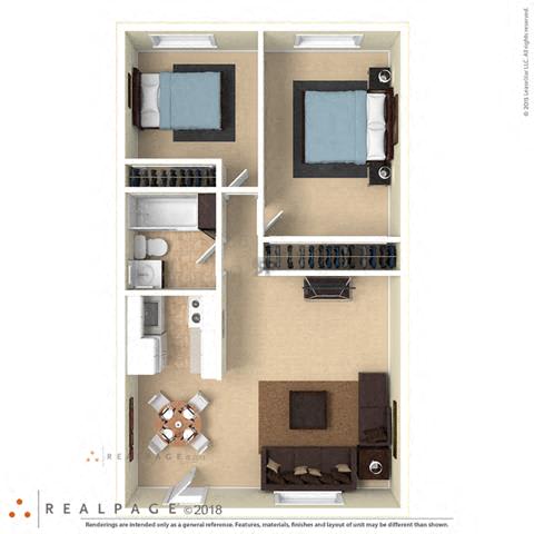 2 Bed, 1 Bath, 800 square feet floor plan furnished
