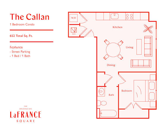 A red floor plan of a one bedroom condo with a kitchen, dining area, living room, and bathroom.