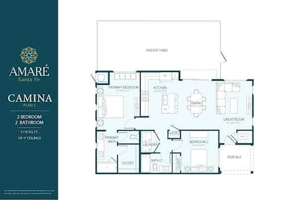A floor plan for the Amare Santa Fe Camina Plan 2, a 2 bedroom, 2 bathroom apartment.