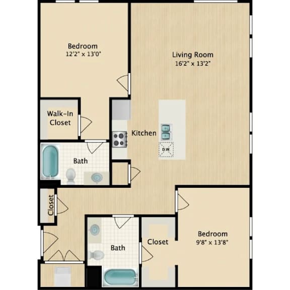 A floor plan of a home with a living room, two bedrooms, a kitchen, and bathrooms.