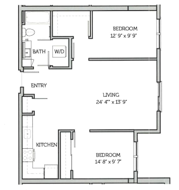 A floor plan of a small apartment with a living room, kitchen, and two bedrooms.