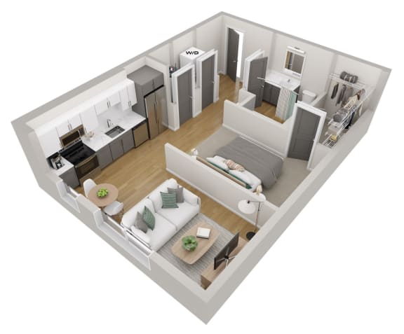 a 3d floor plan of a home with a bedroom and a living room