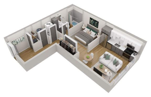 a 3d floor plan of a home with a bedroom and a living room