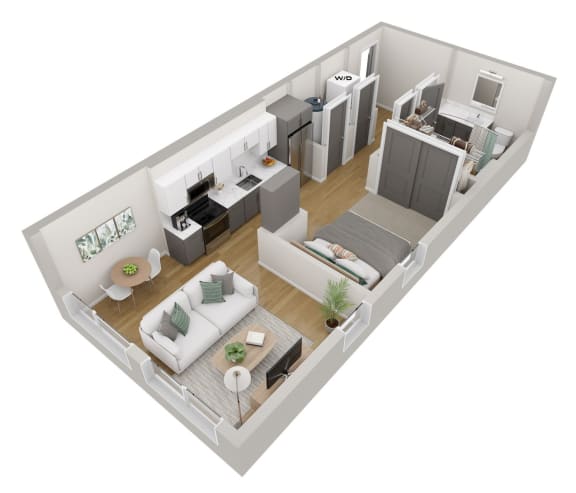 a 3d floor plan of a house with a bedroom and a living room