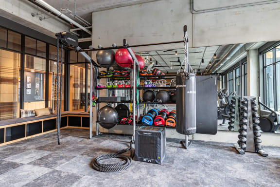 a gym with a lot of weights and a rack of boxing equipment