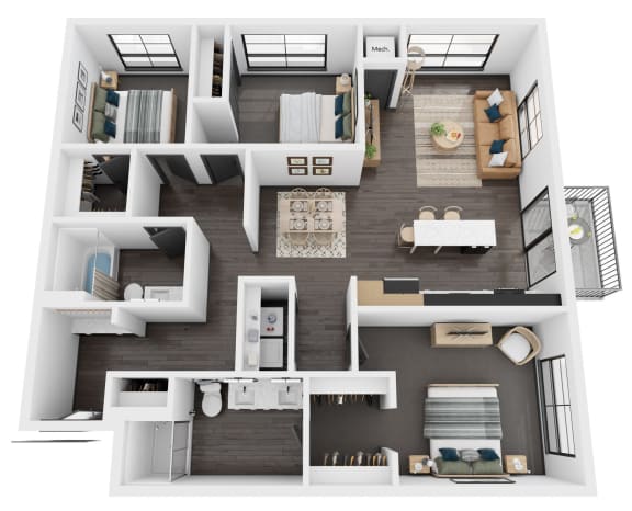 a 3d floor plan of a house with a bedroom and a living room