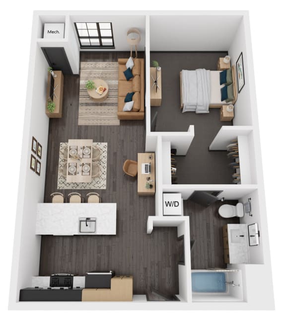 this is a 3d floor plan of a 1 bedroom apartment at the carbon31