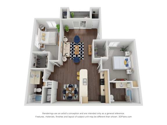 A 3D floor plan of a house with a kitchen, living room, dining room, and bathrooms.