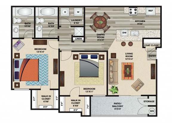 A floor plan of a house with a living room, dining room, kitchen, and two bedrooms.
