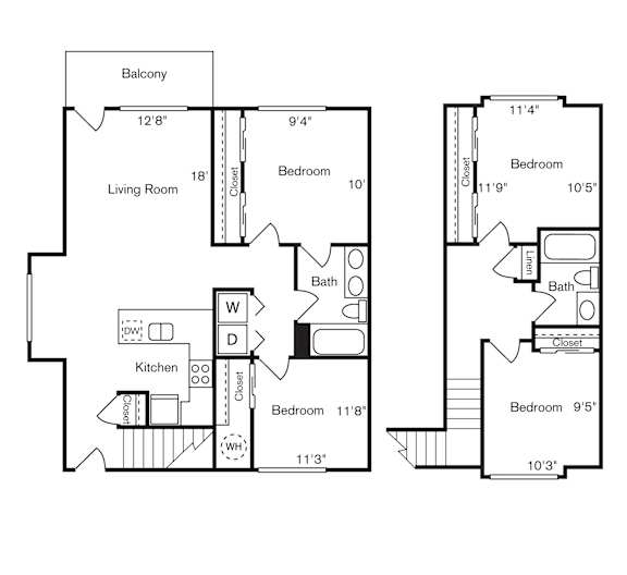 A floor plan of a two bedroom apartment with a living room and kitchen.