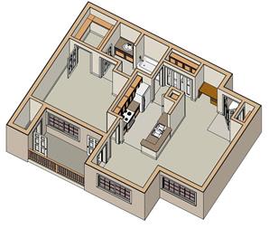 A 3D diagram of a house layout with a kitchen, living room, and bedrooms.