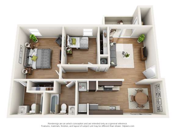 Renovated 2 bedroom 2 bathroom apartment floor plan in Gainesville, FL with 876 sq ft, modern kitchen, open living space, and spacious bedrooms at Chelsea Apartments