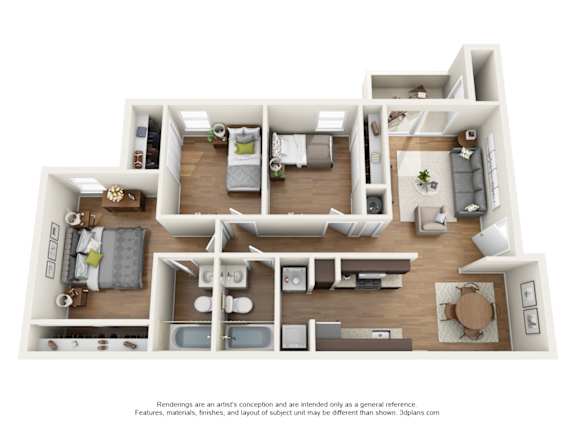 Renovated 3 bedroom 2 bathroom apartment floor plan in Gainesville, FL with 1,012 sq ft, open-concept layout, modern kitchen, and large bedrooms at Chelsea Apartments near University of Florida