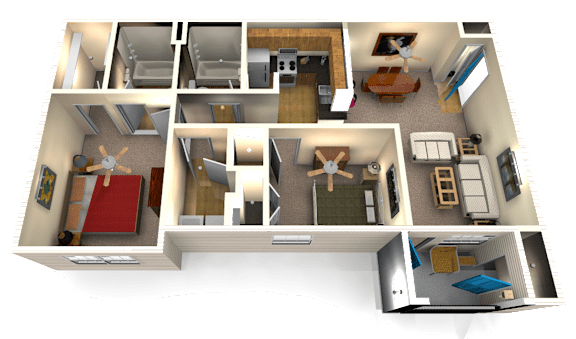 A 3D rendered image of a house layout.