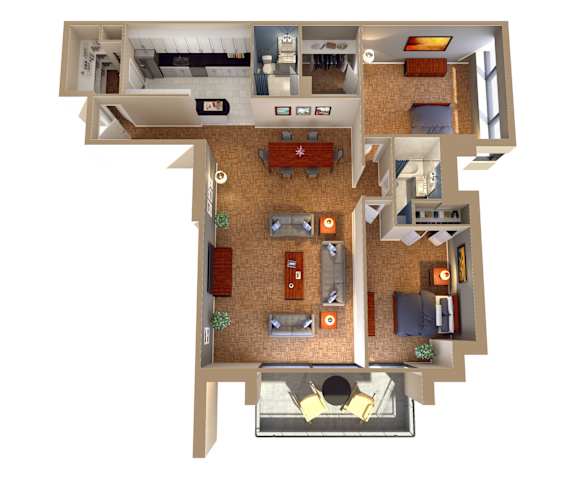 A 3D floor plan of a house with a kitchen, living room, and bedrooms.