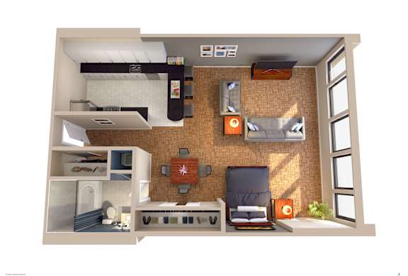 A top-down view of a living room with a couch, chair, and coffee table.