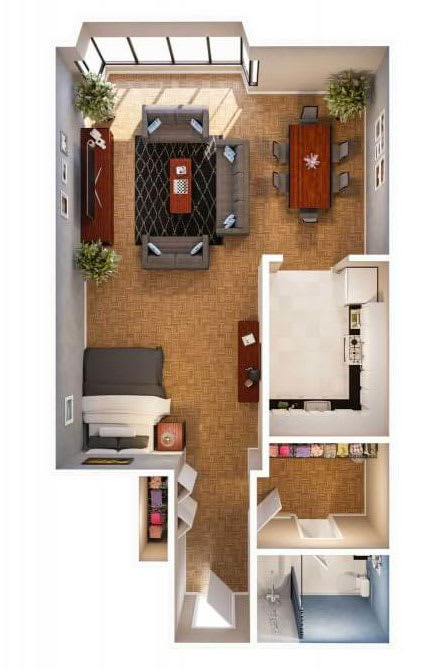 A top-down view of a small apartment with a kitchen, living room, and bathroom.
