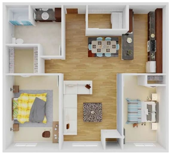a 3d drawing of a house with a bedroom and a living room