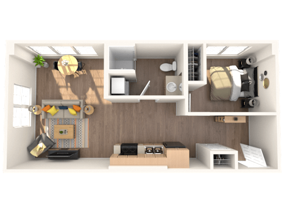 A 3D rendered image of a modern kitchen with a dining area.