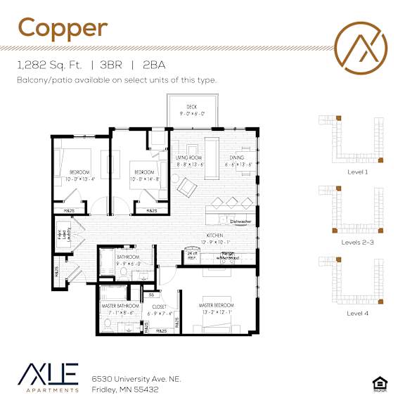 Floor Plan  A floor plan for a 1,282 square foot, three bedroom, two bathroom apartment with balcony and patio.