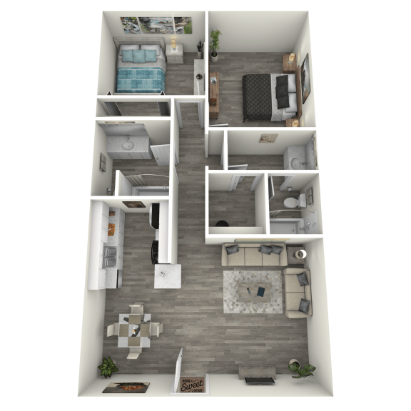a stylized floor plan with a bedroom and a living room
