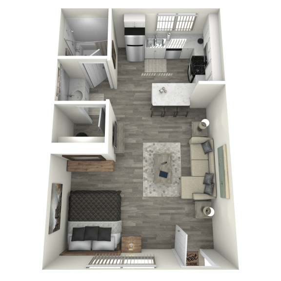 a stylized floor plan with a bedroom and a living room