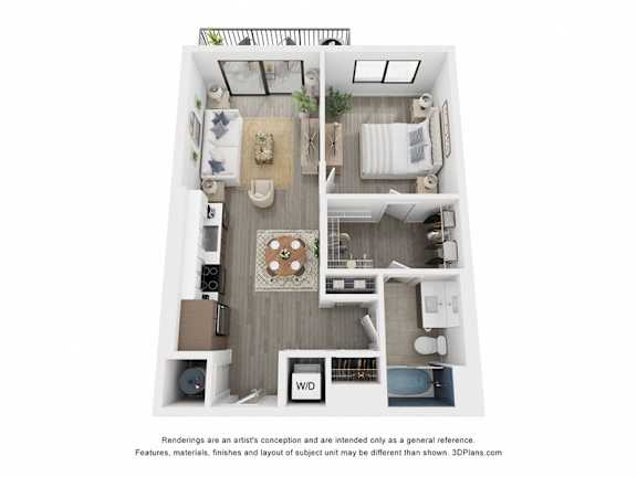 A 3D floor plan of a small apartment with a living room, dining room, kitchen, and bathroom.