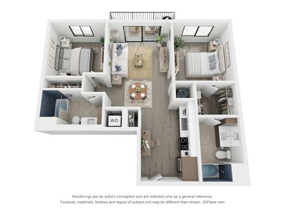 A 3D floor plan of a house with a kitchen, living room, dining room, and bedrooms.