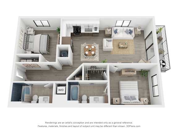 A 3D floor plan of a house with a living room, dining room, kitchen, and bathrooms.