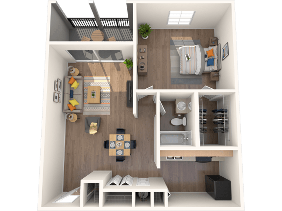 Tampa, FL Apartments – Belara Lakes – 3D floorplan of our 1 bed, 1 bath, 768 sq. ft. Crane Floorplan