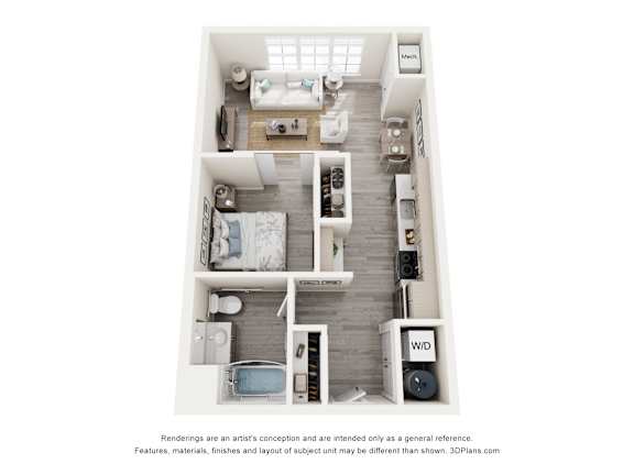 Studio floor plan showing open living/sleeping area, kitchen, bathroom, and closet at Creekline at Fairfield in Fairfield, CT.