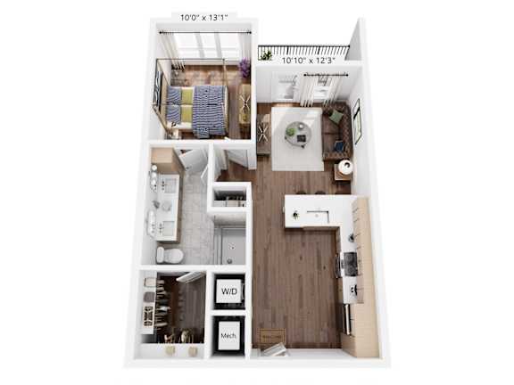 A floor plan of a small apartment with a kitchen, living room, and bathroom.