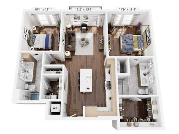 A floor plan of a small apartment with a kitchen, living room, and bedroom.