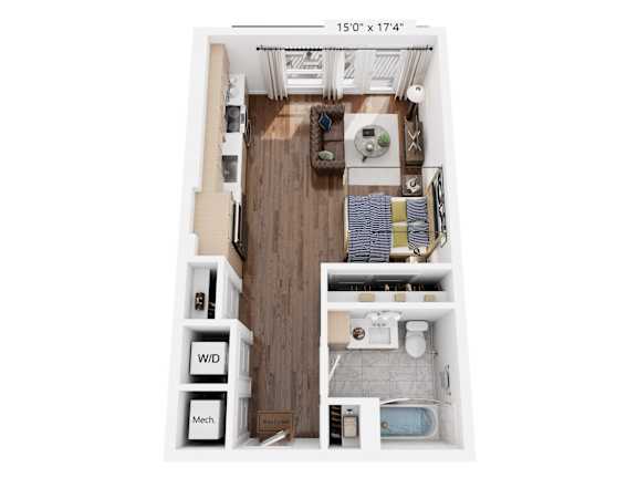 A floor plan of a small apartment with a kitchen, living room, and bathroom.