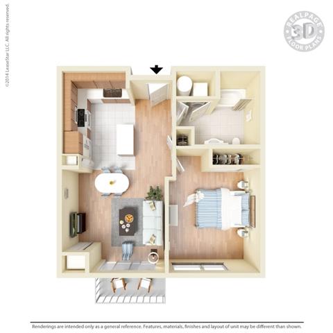 1 Bed - 1 Bath, 684 square feet A1 floor plan