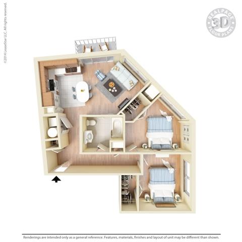 2 Bed - 1 Bath, 897 square feet B1 floor plan