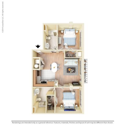 2 Bed - 2 Bath, 1042 square feet B6 floor plan