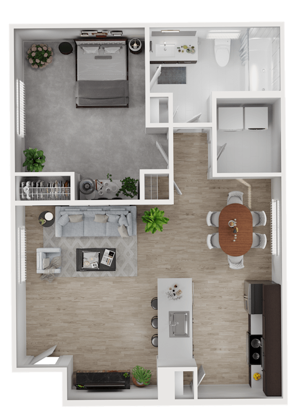 A top-down view of a modern apartment layout with a kitchen, living room, and bathroom.
