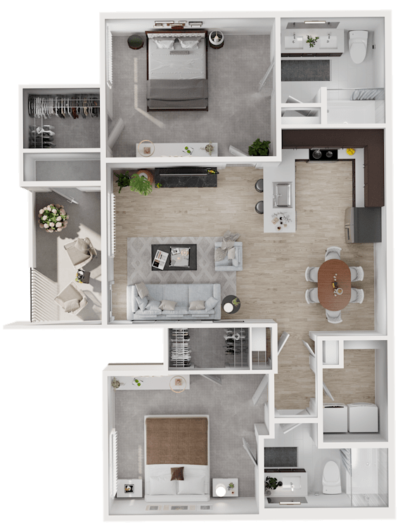 A top-down view of a small apartment layout with a kitchen, living room, and bathroom.