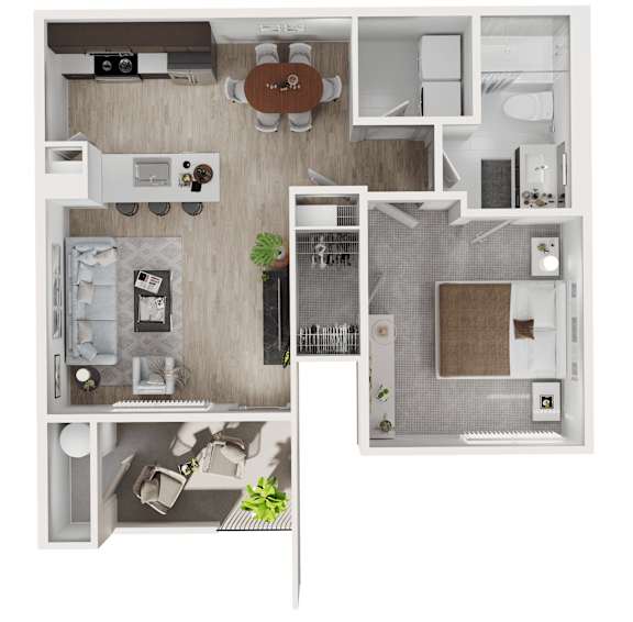 A top-down view of a small apartment with a kitchen, living room, and bathroom.
