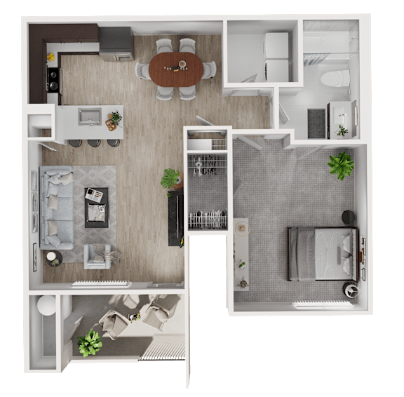 A top-down view of a modern apartment layout with a kitchen, living room, and bathroom.