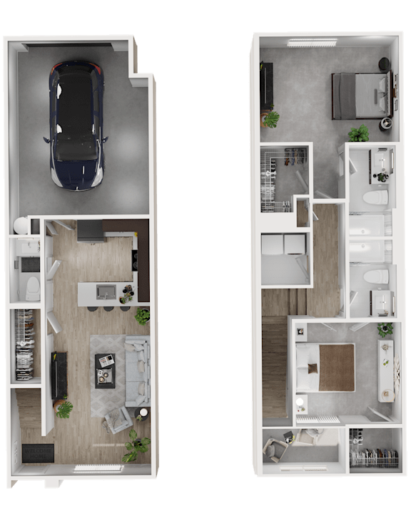 Floor Plan  A top-down view of a car and a split-level floor plan of a house.