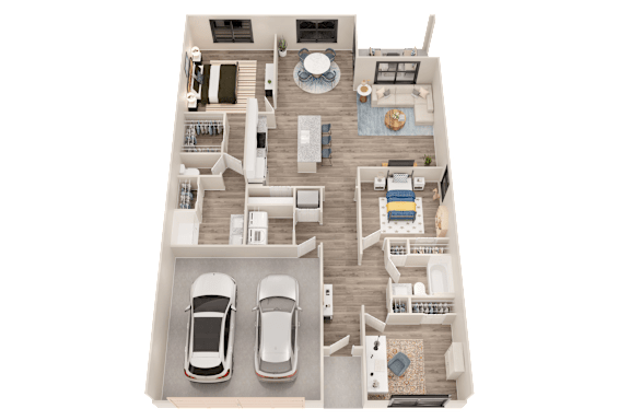 A top-down view of a house layout with two cars parked in the driveway.