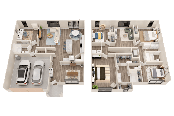 Two floor plans of a house with a kitchen, living room, and bedrooms.