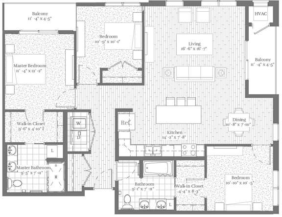 A black and white image of a house floor plan with a living room, dining room, kitchen, and several bedrooms.