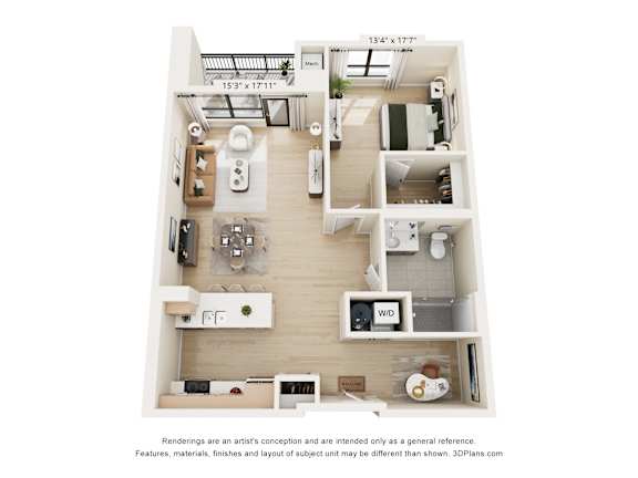 A 3D floor plan of a small apartment with a kitchen, living room, and bedroom.