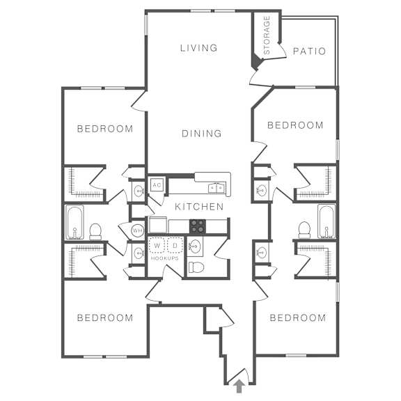 A black and white image of a house floor plan with a living room, dining room, kitchen, and four bedrooms.