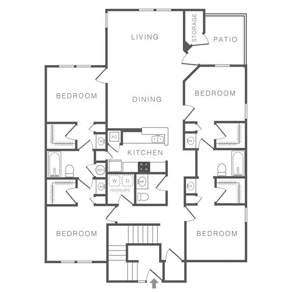 A black and white image of a house floor plan with a living room, dining room, kitchen, and four bedrooms.