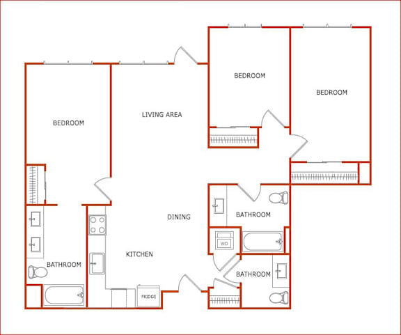 A red floor plan of a house with labeled rooms.