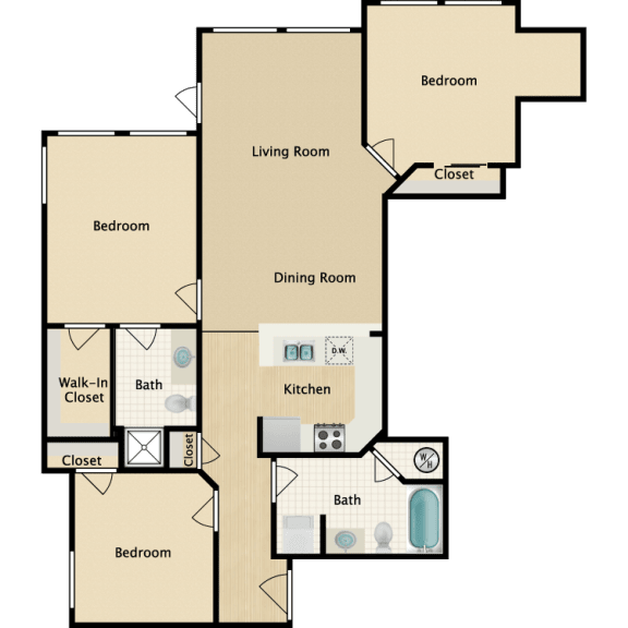 Plan D, 3 br, 2 ba, 1117 sq. ft.